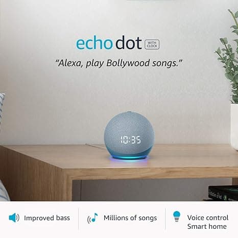 Echo Dot 4th Gen with clock | Smart speaker with powerful bass, LED display and Alexa (Blue)