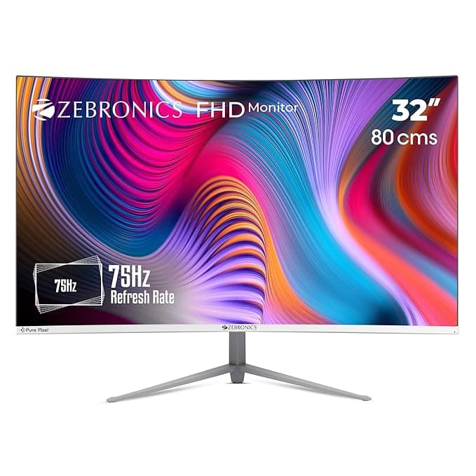 ZEBRONICS AC32FHD LED Curved 75Hz 80Cm (32") (81.28 Cm) 1920x1080 Pixels FHD Resolution Monitor with HDMI + VGA Dual Input, Built-in Speaker, Max 250 Nits Brightness, Black